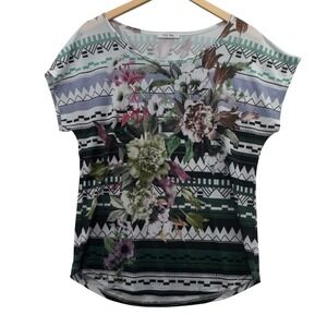 Womens Size Large Clé‎ Luv Floral Geometric Print Blouse Top Boho Casual